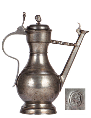 Pewter Tullenkanne, 11.3" ht., 1800s, touchmark on base, pouring spout complete with small cap, good condition. - 3