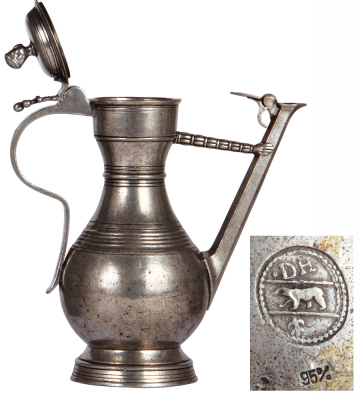 Pewter Tullenkanne, 11.3" ht., 1800s, touchmark on base, pouring spout complete with small cap, good condition. - 4