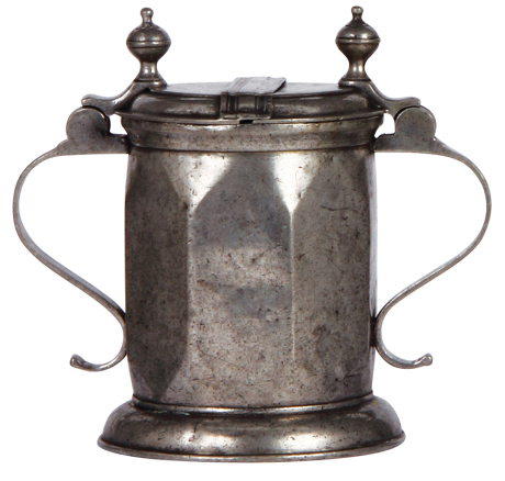 Pewter stein, 7.6" ht., 1800s, touchmark on base, rare double handles and two part lid, good condition.