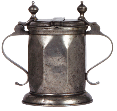 Pewter stein, 7.6" ht., 1800s, touchmark on base, rare double handles and two part lid, good condition. - 3