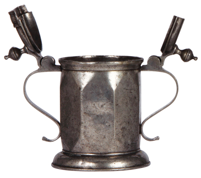 Pewter stein, 7.6" ht., 1800s, touchmark on base, rare double handles and two part lid, good condition. - 4