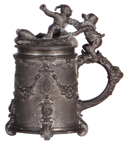 Pewter stein, .5L, relief, marked F. Barth München 1871, Deutscher Michael, pewter lid, loose pewter joint reconnected, otherwise mint.