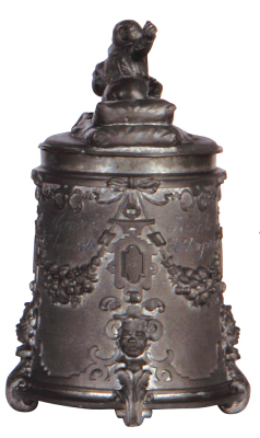 Pewter stein, .5L, relief, marked F. Barth München 1871, Deutscher Michael, pewter lid, loose pewter joint reconnected, otherwise mint. - 2