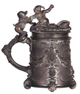 Pewter stein, .5L, relief, marked F. Barth München 1871, Deutscher Michael, pewter lid, loose pewter joint reconnected, otherwise mint. - 3