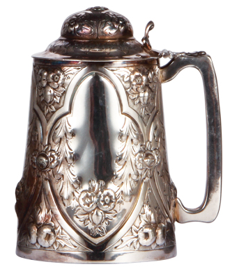 Silver-plated stein, 1.0L, marked James Dixon & Son, Sheffield, E.P.M.M. 541, floral & leaf decor, silver-plated lid, very good condition.