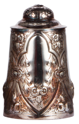 Silver-plated stein, 1.0L, marked James Dixon & Son, Sheffield, E.P.M.M. 541, floral & leaf decor, silver-plated lid, very good condition. - 2