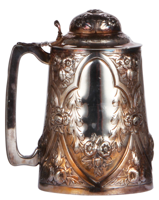 Silver-plated stein, 1.0L, marked James Dixon & Son, Sheffield, E.P.M.M. 541, floral & leaf decor, silver-plated lid, very good condition. - 3