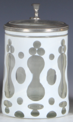 Glass stein, .5L, blown, white on clear overlay, clear glass inlaid lid, mint.