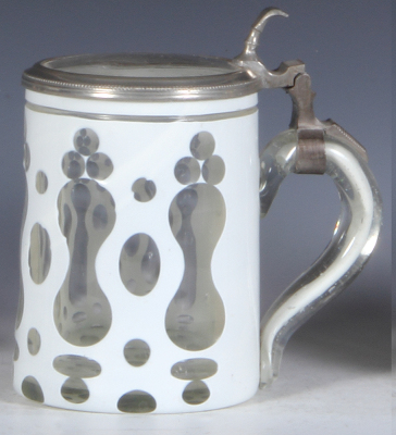 Glass stein, .5L, blown, white on clear overlay, clear glass inlaid lid, mint. - 2