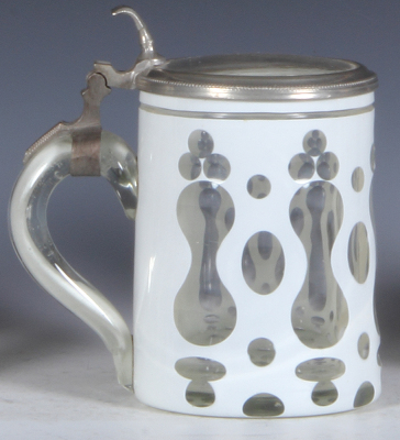 Glass stein, .5L, blown, white on clear overlay, clear glass inlaid lid, mint. - 3