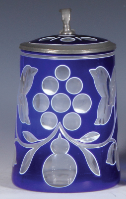 Glass stein, .5L, blown, blue on white on clear overlay, cut, matching glass inlaid lid, very good pewter strap repair, otherwise mint.