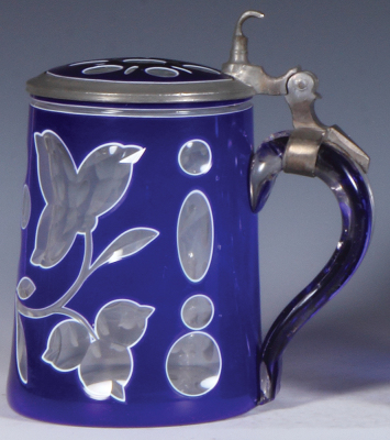 Glass stein, .5L, blown, blue on white on clear overlay, cut, matching glass inlaid lid, very good pewter strap repair, otherwise mint. - 2