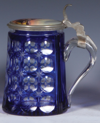 Glass stein, .5L, blown, blue on clear overlay, hand-painted porcelain inlaid lid: castle, pewter strap repaired, glass mint. - 2