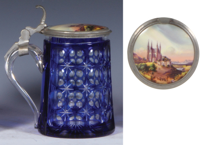 Glass stein, .5L, blown, blue on clear overlay, hand-painted porcelain inlaid lid: castle, pewter strap repaired, glass mint. - 3