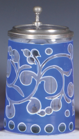 Glass stein, .5L, blown, blue on white on clear enamel overlay, cut, clear glass inlaid lid, mint.