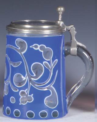 Glass stein, .5L, blown, blue on white on clear enamel overlay, cut, clear glass inlaid lid, mint. - 2