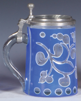 Glass stein, .5L, blown, blue on white on clear enamel overlay, cut, clear glass inlaid lid, mint. - 3