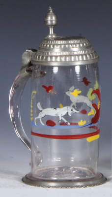 Glass stein, .5L, blown, c.1800, enameled, dog & rabbit, pewter lid & footring, mint.