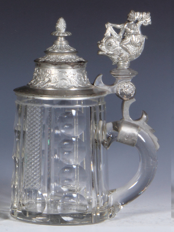 Glass stein, .5L, blown, cut, heavy pewter lid with large dolphin thumblift, small top rim chip.