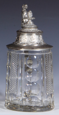 Glass stein, .5L, blown, cut, heavy pewter lid with large dolphin thumblift, small top rim chip. - 2