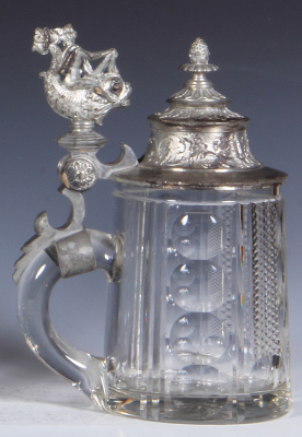 Glass stein, .5L, blown, cut, heavy pewter lid with large dolphin thumblift, small top rim chip. - 3