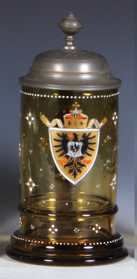 Glass stein, .5L, blown, amber, transfer & hand-painted eagle, pewter lid, mint.