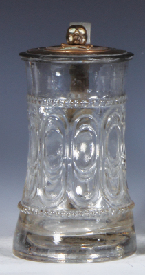 Glass stein, .5L, mold blown, clear, figural bronze inlaid lid, skull & crossed bones, good pewter repair, body mint.