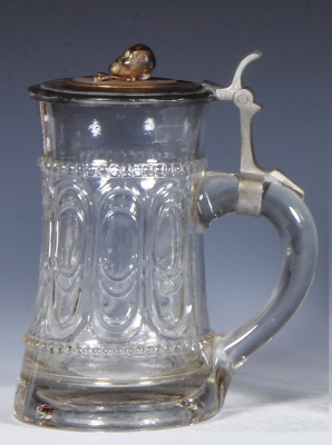 Glass stein, .5L, mold blown, clear, figural bronze inlaid lid, skull & crossed bones, good pewter repair, body mint. - 2