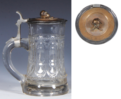 Glass stein, .5L, mold blown, clear, figural bronze inlaid lid, skull & crossed bones, good pewter repair, body mint. - 3