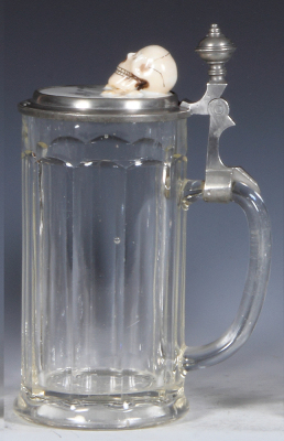 Glass stein, .5L, blown, pressed, clear, porcelain inlaid lid: skull, Bier is Gift 1883, matching glass inlaid lid, wear, otherwise mint. - 2