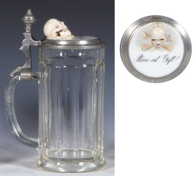 Glass stein, .5L, blown, pressed, clear, porcelain inlaid lid: skull, Bier is Gift 1883, matching glass inlaid lid, wear, otherwise mint. - 3