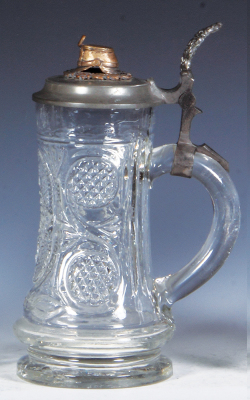 Glass stein, .5L, mold blown, pewter lid, brass Prussian Tschako finial, excellent repair of pewter strap, otherwise mint. - 2