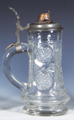 Glass stein, .5L, mold blown, pewter lid, brass Prussian Tschako finial, excellent repair of pewter strap, otherwise mint. - 3