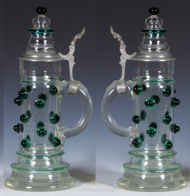 Two glass steins, .5L, blown, clear, green prunts, matching glass inlaid lid, small chips; with, .25L, blown, amber, handpainted, original blue glass inlaid lid, missing thumblift, worn hinge, glass mint. - 2