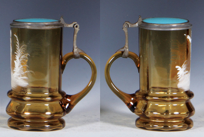 Two glass steins, .5L, blown, clear, green prunts, matching glass inlaid lid, small chips; with, .25L, blown, amber, handpainted, original blue glass inlaid lid, missing thumblift, worn hinge, glass mint. - 3