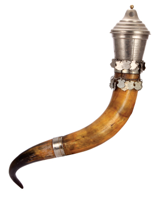 Drinking horn, 38.0'' long, silver-plated, set-on lid, 4F Turner motif, award medallions from events from 1906 to 1969, rare, excellent condition.