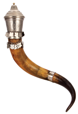 Drinking horn, 38.0'' long, silver-plated, set-on lid, 4F Turner motif, award medallions from events from 1906 to 1969, rare, excellent condition. - 2