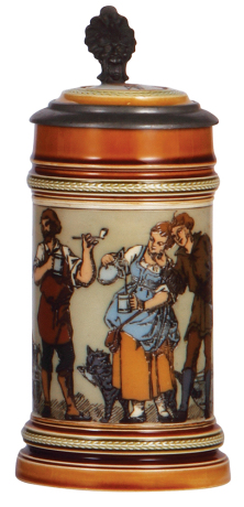 Mettlach stein, .5L, 1164, etched, by C. Warth, inlaid lid, mint.