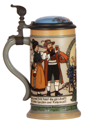 Mettlach stein, .5L, 3143, etched, by F. Quidenus, inlaid lid, mit. - 3