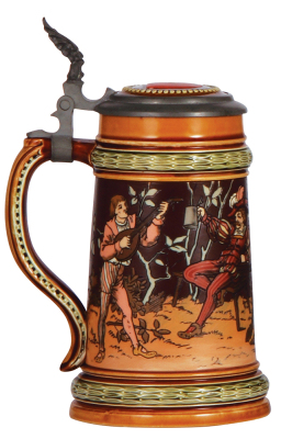 Mettlach stein, .5L, 1527, etched, by C. Warth, inlaid lid, mint.  - 3