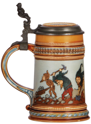 Mettlach stein, .5L, 1475, etched, inlaid lid, mint. - 3