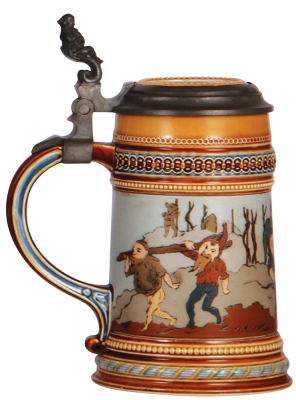 Mettlach stein, .5L, 1476, etched, inlaid lid, mint. - 3