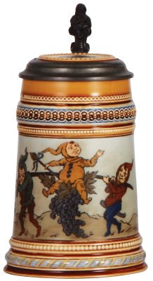 Mettlach stein, .5L, 1477, etched, inlaid lid, mint.