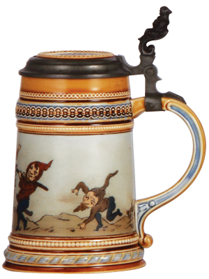 Mettlach stein, .5L, 1477, etched, inlaid lid, mint. - 2