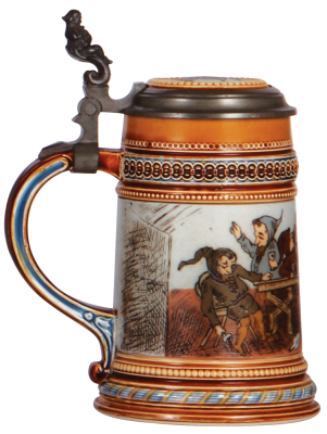 Mettlach stein, .5L, 1479, etched, inlaid lid, mint. - 3