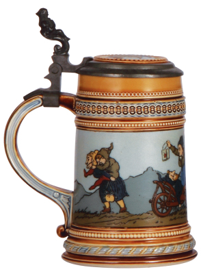 Mettlach stein, .5L, 1480, etched, inlaid lid, mint. - 3