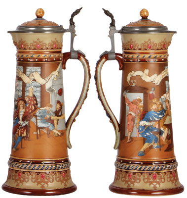 Mettlach stein, 3.0L, 16.4" ht., 2206, etched, inlaid lid, mint.  - 2