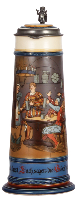 Mettlach stein, 2.7L, 16.5" ht. 2428, etched, inlaid lid, small factory glaze flaw on upper blue band, mint. 