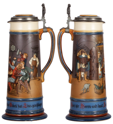 Mettlach stein, 2.7L, 16.5" ht. 2428, etched, inlaid lid, small factory glaze flaw on upper blue band, mint.  - 2