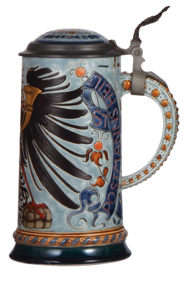 Mettlach stein, 1.0L, 1856, etched, by Otto Hupp, inlaid lid, mint. - 2